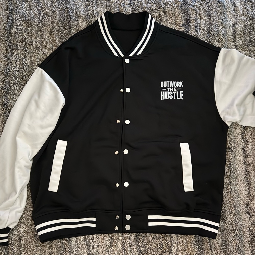 Black and White Men's Outwork The Hustle Letterman Jacket